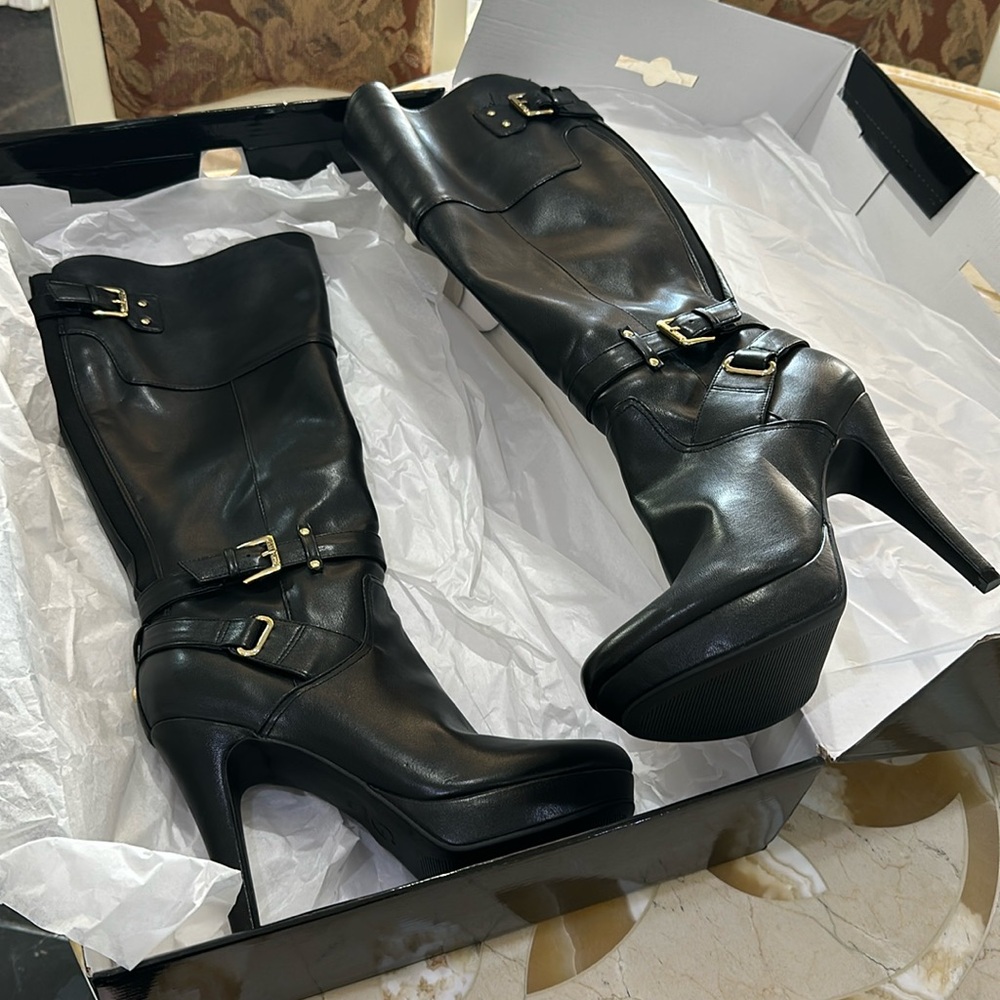Guess Black Leather Heeled Boots with Buckles